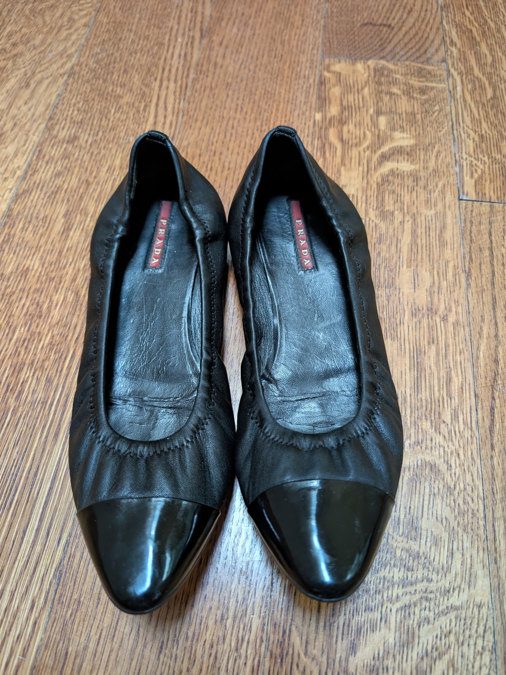 Prada Sport Black Leather/Patent Leather Pointed Toe Ballet Flats Size 38